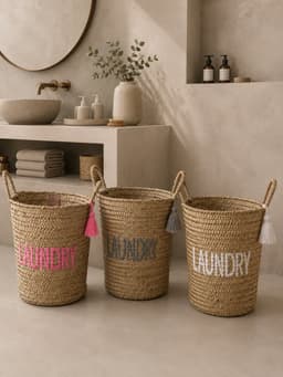 Wasmand - Roze - Was – Mand - Badkamer - Opbergmand - Palmblad - Laundry - Laundrybasket- Rieten mand - Speelgoed - Opbergen - Pompon - Wol – Geschenk - Kinderkamer - Handgemaakt - Decoratie - Geboorte - Cadeau — thumbnail 2