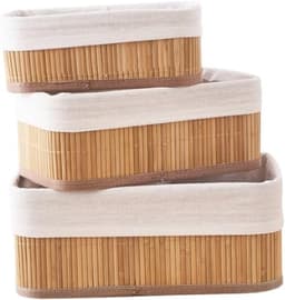 3 stuks bamboe opbergmanden – Met natuurlijke stofvoering, voor kast, plank en badkamer — thumbnail 1
