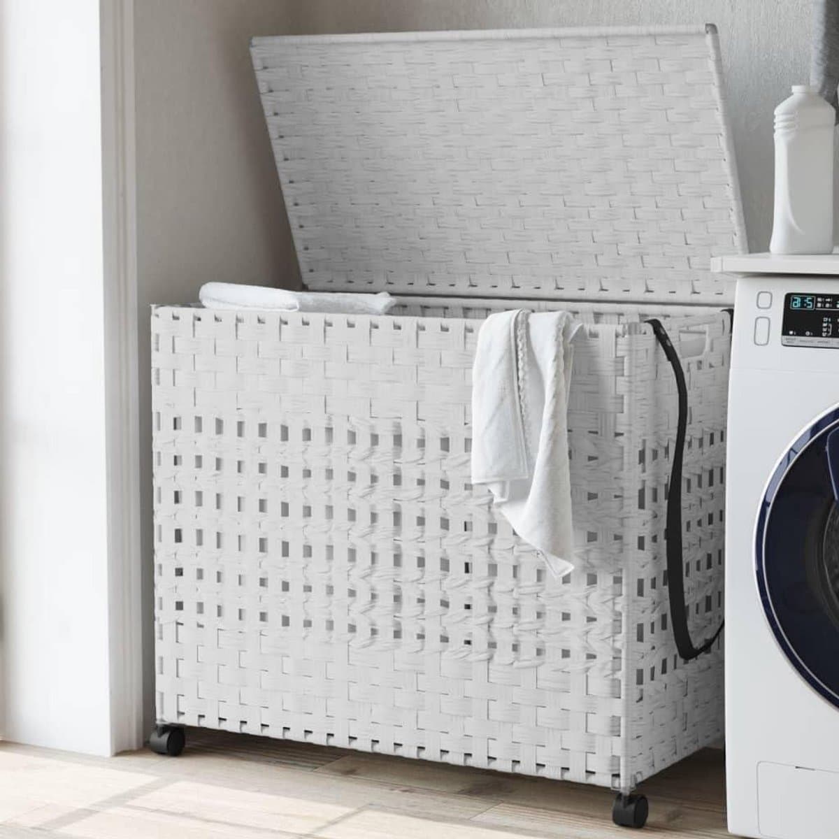 Wasmand met wieltjes - Opvouwbare mand - Was sorteren - Drie vakken - 66 x 35 x 60 cm - Wit — afbeelding 1