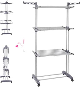 Kledingdroger Toren - Opvouwbaar Rek - Was Drogen - Met Wielen - 3 Planken - Wit — thumbnail 1