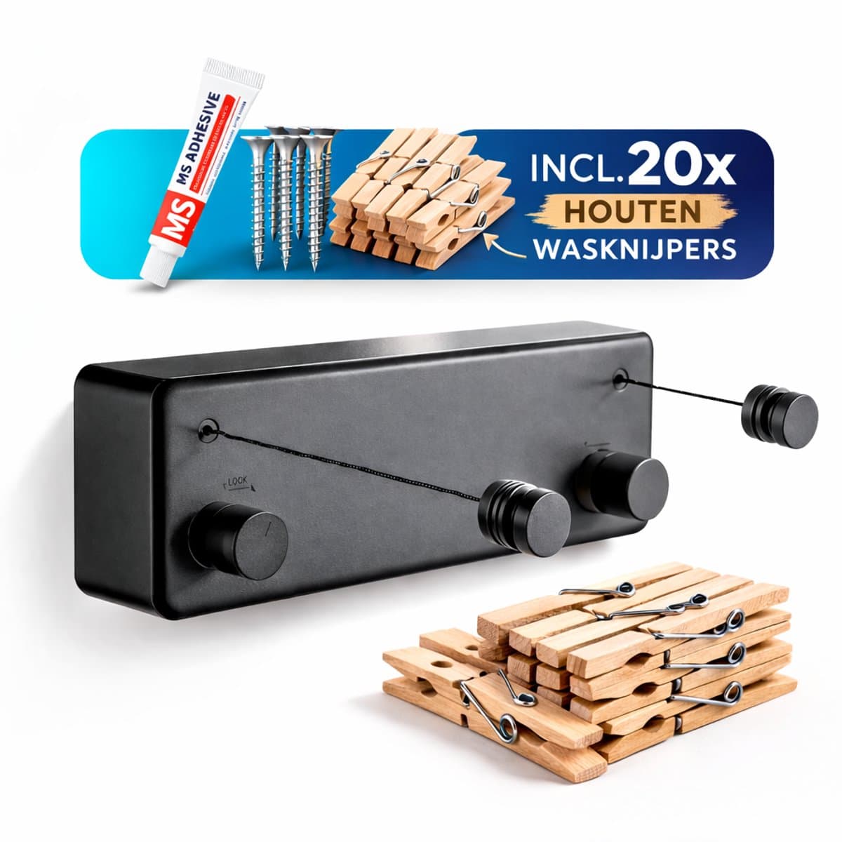 cozy.® Waslijn Uittrekbaar - Waslijndraad met stalen kern - Wasdraad - Wasrek - Roldrooglijn - Droogrek hangend - Ruimtebesparend - 8.4 m (2x 4.2m) Drooglengte - Binnen en Buiten - Incl 20 Stuks Houten Wasknijpers - Zwart — afbeelding 1
