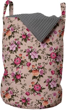 ABAKUHAUS bloemenwaszak, bloempatroon met roos, wasmand met handvatten, trekkoorddichting voor wasserettes, beige roze donkergroen — thumbnail 1