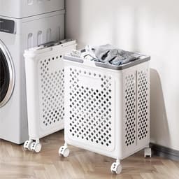 Vouwbare Wasmand met Wielen en Handvat - Stevige, Ventilerende en Sneldrogende Opbergmand voor Badkamer en Slaapkamer — thumbnail 5