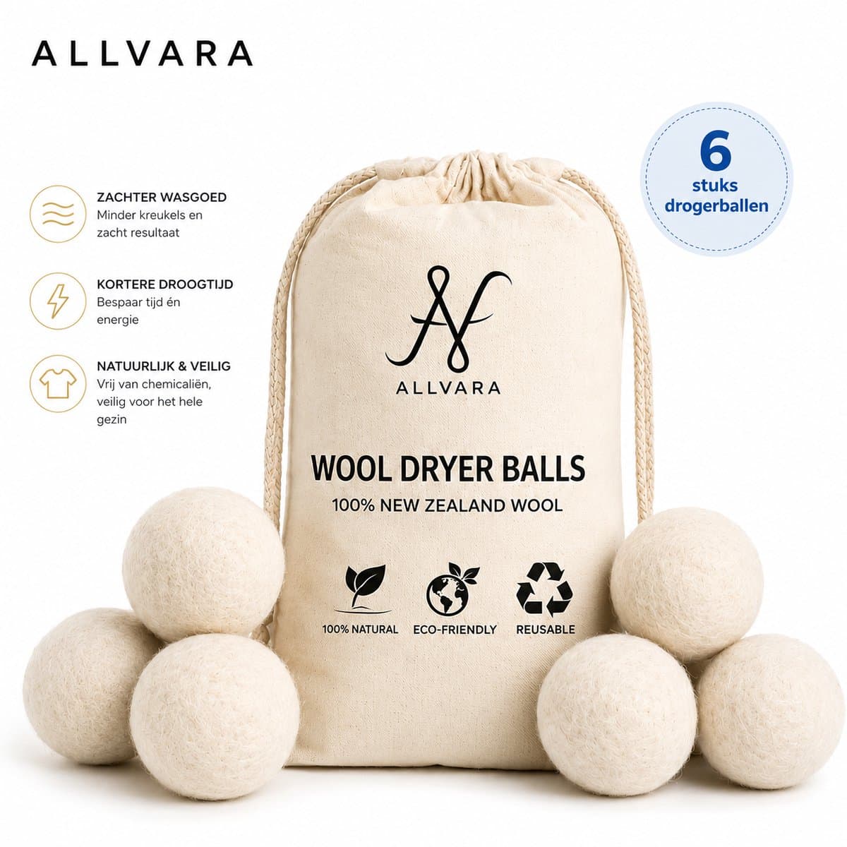 Allvara® Drogerballen - 100% Schapenwol - Herbruikbaar - Verkort Droogtijd & Bespaart Energie - 6 stuks inclusief opbergzak — afbeelding 1