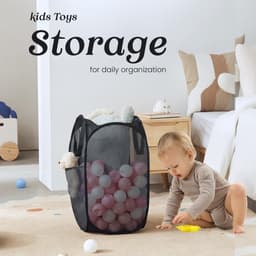 Wasmand - 1 stuk - Opvouwbare wasmand – Pop-up wasmand - Inklapbare pop-up wasmand van gaas - Voorzien van stevige handgrepen en zijvak - Draagbare, opvouwbare mand voor studentenkamers, badkamers en op reis - Zwart — thumbnail 2