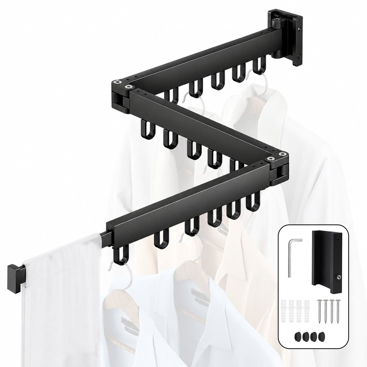 Purepeak Wasrek Deur - Droogrek Hangend - Inklapbaar - 3 Niveaus - 120 cm - 18 Haken - Waslijn Trapgat - Uittrekbaar — afbeelding 1