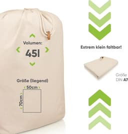Waszak, set van 2, 50 x 70 cm, duurzame waszak van 45 liter voor op reis, 100% katoen, Öko-Tex gecertificeerd, grote stoffen zak, waszak voor op reis — thumbnail 4