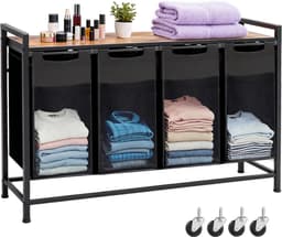 Vierdelige Wasmand 160L – 4 Wasmanden Naast Elkaar Met Metalen Frame en Opbergplank 116×33×72 cm – Wasgoed Organizer — thumbnail 1