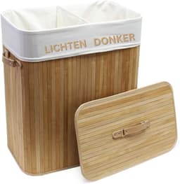 Fabono-Bamboe Wasmand 105 Liter met 2 Vakken – Grote Wassorteerder met Deksel & Linnen Waszakken – Rechthoekige Wasbox met Handgrepen voor Badkamer en Wasruimte — thumbnail 1