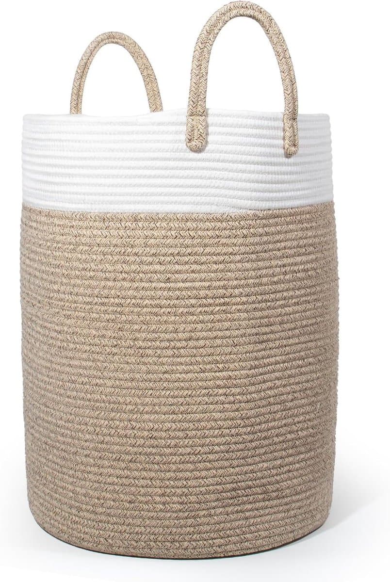 Lemlit Wasmand - Gevlochten Opbergmand met Handvatten 58 L - Speelgoedmand voor Kinderkamer Slaapkamer en Woonkamer - 38 x 50 cm - Wit Bruin — afbeelding 1