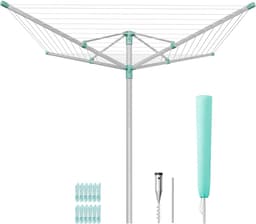 SONGMICS Kleding Luchtbeker In Hoogte Verstelbaar Aluminium Legering Buiten Kleding Luchtbekit met Grond Anker Beschermhoes Wasknijpers Zilver Groen 50m Waslijn 5 Ladingen LLR301E01V1 — thumbnail 1
