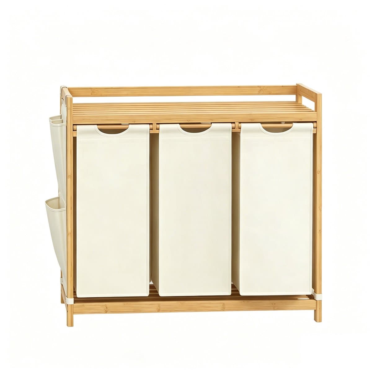 Wasmand opbergmand vuile was sorteermand driedelig ontwerp 150L grote opbergruimte met uittrekbare binnenvoering, bovenste plank en zijvak stabiele bamboestructuur geschikt voor thuis badkamer en wasruimte 94×33×78 cm naturel houtkleur + beige — afbeelding 1