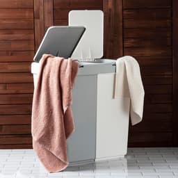 Motek® - Wasmand - 2 Vakken met Deksel - Met Touch Deksel - Gemaakt van 100% gerecycled kunststof - 80 L - wasmand met deksel - Wassorteerder - Grijs - Wit — thumbnail 1