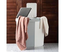 Motek® - Wasmand - 2 Vakken met Deksel - Met Touch Deksel - Gemaakt van 100% gerecycled kunststof - 80 L - wasmand met deksel - Wassorteerder - Grijs - Wit