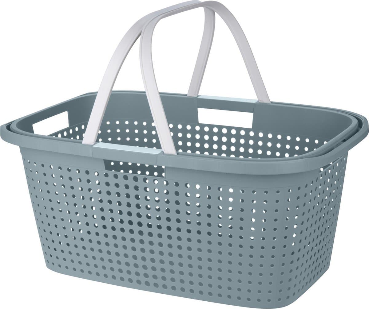 Wasmand met hengsel - 38 liter - 60 cm - groen/wit - Draagwasmanden - Wasgoedmand - Mand met handvatten — afbeelding 1