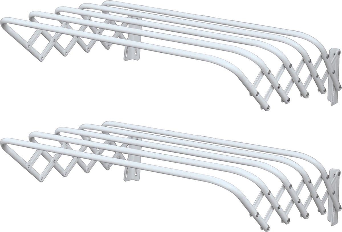 MSV Uitschuifbaar wasgoedrekje/droogrek - 2x - 5m waslijn - Ophangbaar aan muur - wit - 100 cm — afbeelding 1