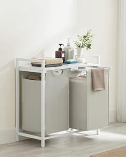 Wasmand 2 vakken, wasmand met plank, wasbox, waszak van oxford stof uitneembaar, metalen frame, 2 x 46 L, 73 x 33 x 72 cm, wit — thumbnail 5