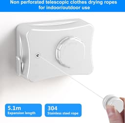 Uittrekbare waslijn 51 m intrekbare waslijn uittrekbaar- wandmontage waslijn- wasrek roestvrijstalen kabel- opslaggewicht 20 kg- voorkomt doorhangen (wit) — thumbnail 2