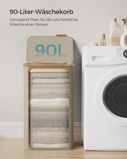 FurnStar - Wasmand met deksel - wasverzamelaar 90 l - uitneembare waszak - Oxford-weefsel - handgrepen van bamboe - inklapbaar - 42 x 32 x 70,5 cm - camelbruin — thumbnail 3