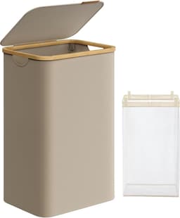 FurnStar - Wasmand met deksel - wasverzamelaar 90 l - uitneembare waszak - Oxford-weefsel - handgrepen van bamboe - inklapbaar - 42 x 32 x 70,5 cm - camelbruin — thumbnail 1