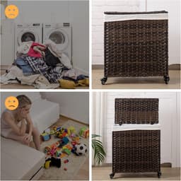 Wasmand van Rotan met Deksel - Grote Capaciteit van 100L, Verwijderbare Voeringzakken, Opvouwbaar, Met Wielen, Stevig Stalen Frame, Waterdicht & Ademend, Ideaal voor Badkamer, Slaapkamer of Wasruimte 60cm x 33cm x 58cm — thumbnail 3