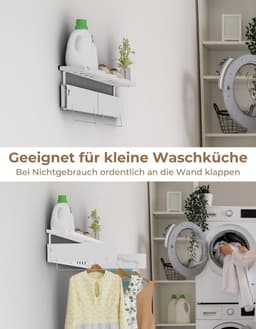 Opbergrek voor muur - 80 cm uittrekbaar droogrek met haken en waslijn - inklapbaar en ruimtebesparend - wit — thumbnail 3