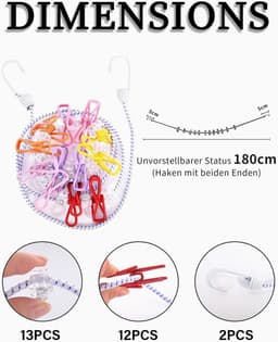 Draagbare Waslijn - Camping Wasrek - Buiten Droge Kleding - 12 Anti-slip Clips - Tot 3.6 Meter — thumbnail 4