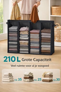 Ohana DT - Wasmand 4 Vakken - Wassorteerder - 210 Liter - 84x33 x75 CM - Oxford Stof - Afneembare Binnentassen - Zwart — thumbnail 3