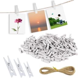 150 Stuks Mini Houten Haringen Witte Decoratieve Clips + Jute Koord - Fotoclips Wasknijpers Foto's Ansichtkaarten Memo DIY Ambachtelijke Decoratie — thumbnail 1