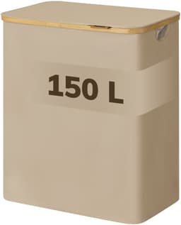ACAZA Wasmand 3 vakken - Wasmand Met Deksel - 150 L - Bamboe - 60 x 38,5 x 70,5 cm - Zand — thumbnail 1