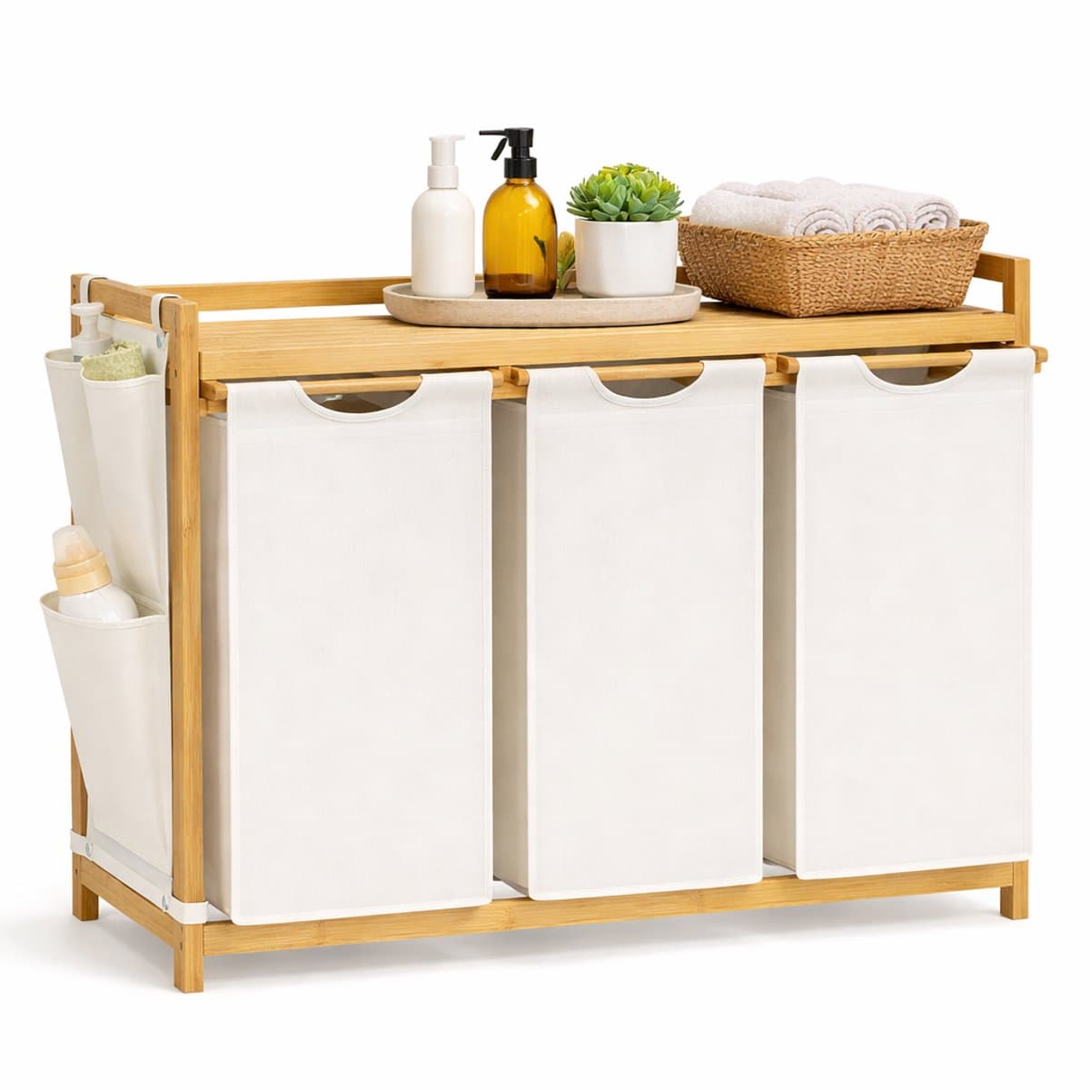 House of Balance Bamboe Wasmand - Wasmand met 3 Vakken - Duurzaam - Wasmanden met deksel - Wasmanden - 150 Liter - 94x33x78 cm — afbeelding 1