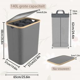 ACXIN Opvouwbare Wasmand met Deksel - 3 Vakken Wassorter - 140 Liter - Grijs — thumbnail 2