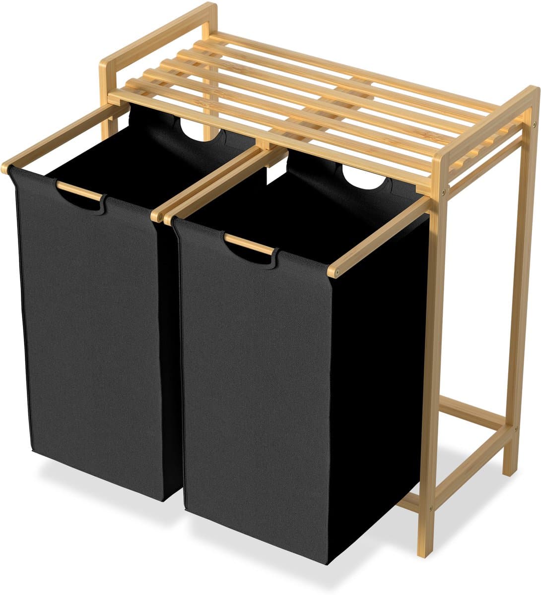 Wasmand van Oxford-weefsel, 2 x 36 liter, 2 vakken, afneembare wasverzamelaar met plank en bamboeframe, waszak, uittrekbaar, efficiënte wasopslag voor bijkeuken, zwart NAIZY — afbeelding 1