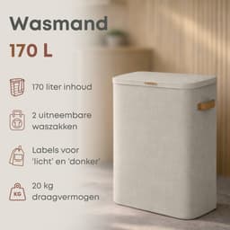 ACAZA Wasmand Met Deksel - 2 Vakken - 170 L - 56 x 40 x 75 cm - Beige — thumbnail 2