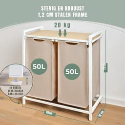DYNA® Wasmand 2 Vakken - Wasmand - Wassorteerder - Crème- ‎65cm x 36cm x 73cm — thumbnail 3