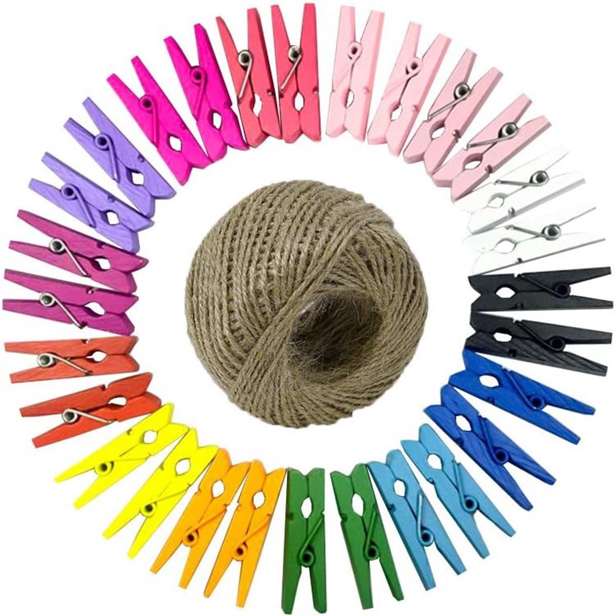 Houten Waslijnklemmen Kleurrijk - 100 Stuks Mini Knijpers met 100m Jute Touw voor Foto's en Decoratie — afbeelding 1
