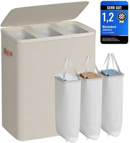 SONGMICS - Wasmand, 190 liter - drie compartimenten - met deksel en handgrepen - uitneembare binnenvoering - eenvoudig te monteren - 64 x 40 x 75 cm - cappuccino beige — thumbnail 1