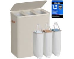 SONGMICS - Wasmand, 190 liter - drie compartimenten - met deksel en handgrepen - uitneembare binnenvoering - eenvoudig te monteren - 64 x 40 x 75 cm - cappuccino beige