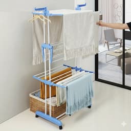 4-Laags Opvouwbaar Wasdroogrek Blauw/Wit – Met Wielen – Ruimtebesparende Wasdroogtoren met 6 Vleugels – Stevig Metalen Frame — thumbnail 3