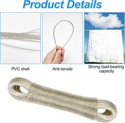 Waslijn Camping - Wasdraad - Drooglijnen - Wasdraad 20 m lang - Waslijn extra sterk - Drooglijn voor buiten - Kleding en lakens drogen - PVC waslijndraad met stalen kern - Transparant — thumbnail 5