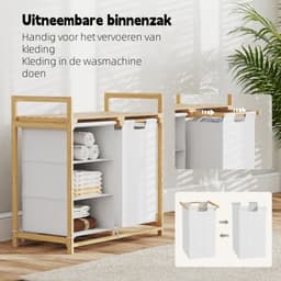 Wasmand - 4 compartimenten - Wasverzachter - met 2 uittrekbare, uitneembare waszakken - Non-woven - Opbergbox voor wasgoed met 83 liter - Wassorteerder met grote handgreep - 70 x 36 x 70 cm - Bamboe wit — thumbnail 3