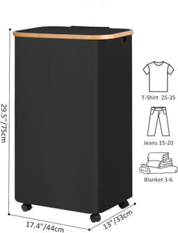 Wasmand op Wielen – 110 Liter – Opvouwbaar – Wasmand Stof - Laundry Basket - Met Deksel & Handvaten - Bamboe - Incl. Waszak - Zwart — thumbnail 2