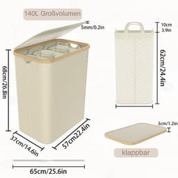 Wasmand 3 vakken - Wassorteerder van bamboe met Oxfordweefsel - Met Deksel opvouwbaar Opbergmand - 140L - Beige — thumbnail 2
