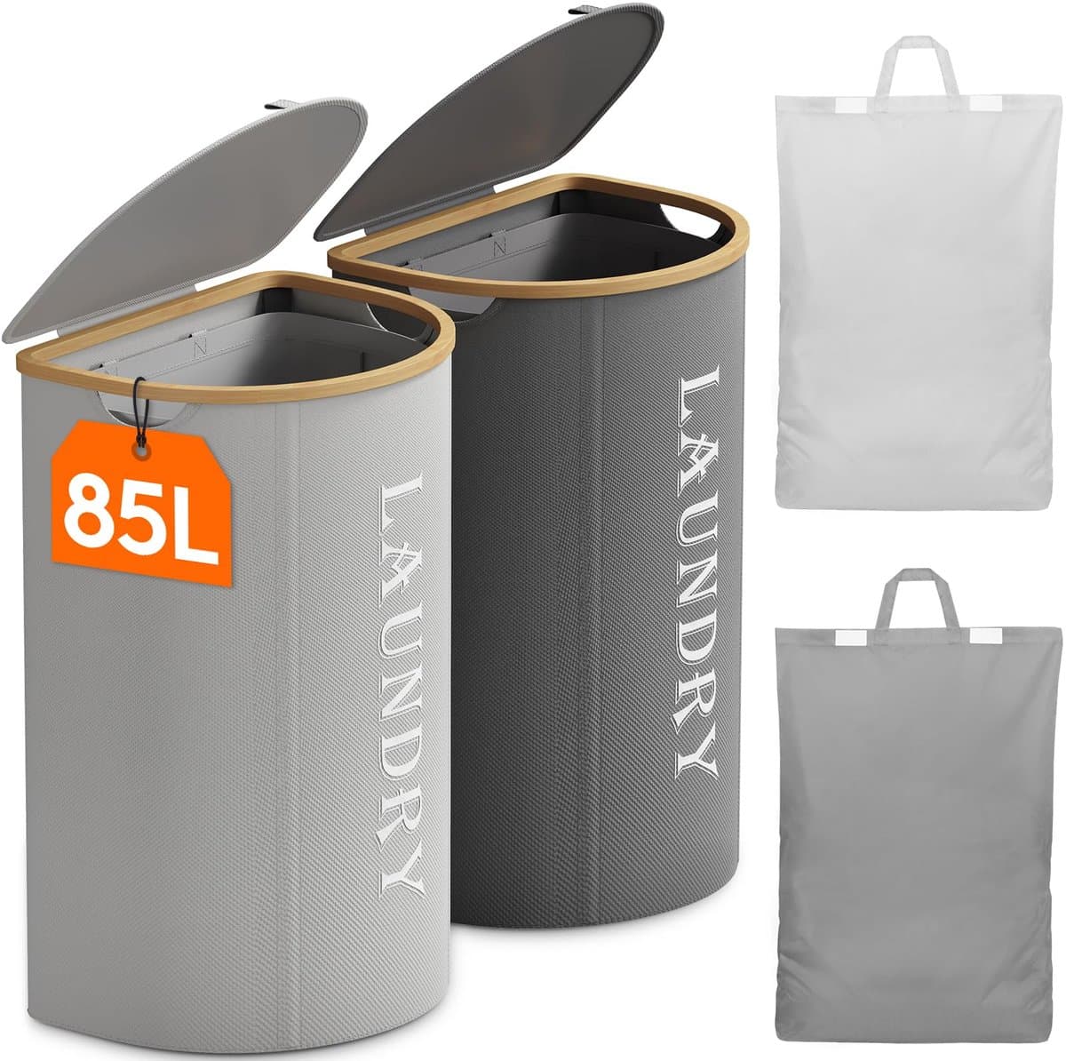 2-delige Wasmandenset - Met Deksel - 170 Liter - Grijs en Zilvergrijs — afbeelding 1