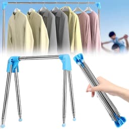 - Inklapbaar Wasrek van Roestvrij Staal | Verstelbaar van 34 tot 70 cm | Met 4 Klapbeugels, 4 Wasknijpers en Draagtas | Draagbaar Wasrek voor Camping, Balkon en Hotel | Blauw | Opvouwbaar en Draagbaar — thumbnail 2