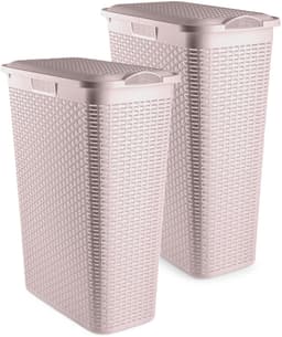 Plasticforte Smalle Wasmand met deksel Rotan - 2x - roze - gevlochten kunststof - 48 liter - 27 x 46 x 60 cm — thumbnail 1
