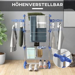 Droogtoren – 3 Niveaus, 142 x 55 x 152 cm – Opvouwbaar met Wielen – Staal – Blauw – Binnengebruik — thumbnail 5