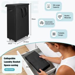 Wasmand met deksel en wielen 55L - Opvouwbare dunne wasmachine oxford doek opbergmand met lange handgreep, geschikt voor slaapkamer, badkamer, wasruimte (Zwart) — thumbnail 5