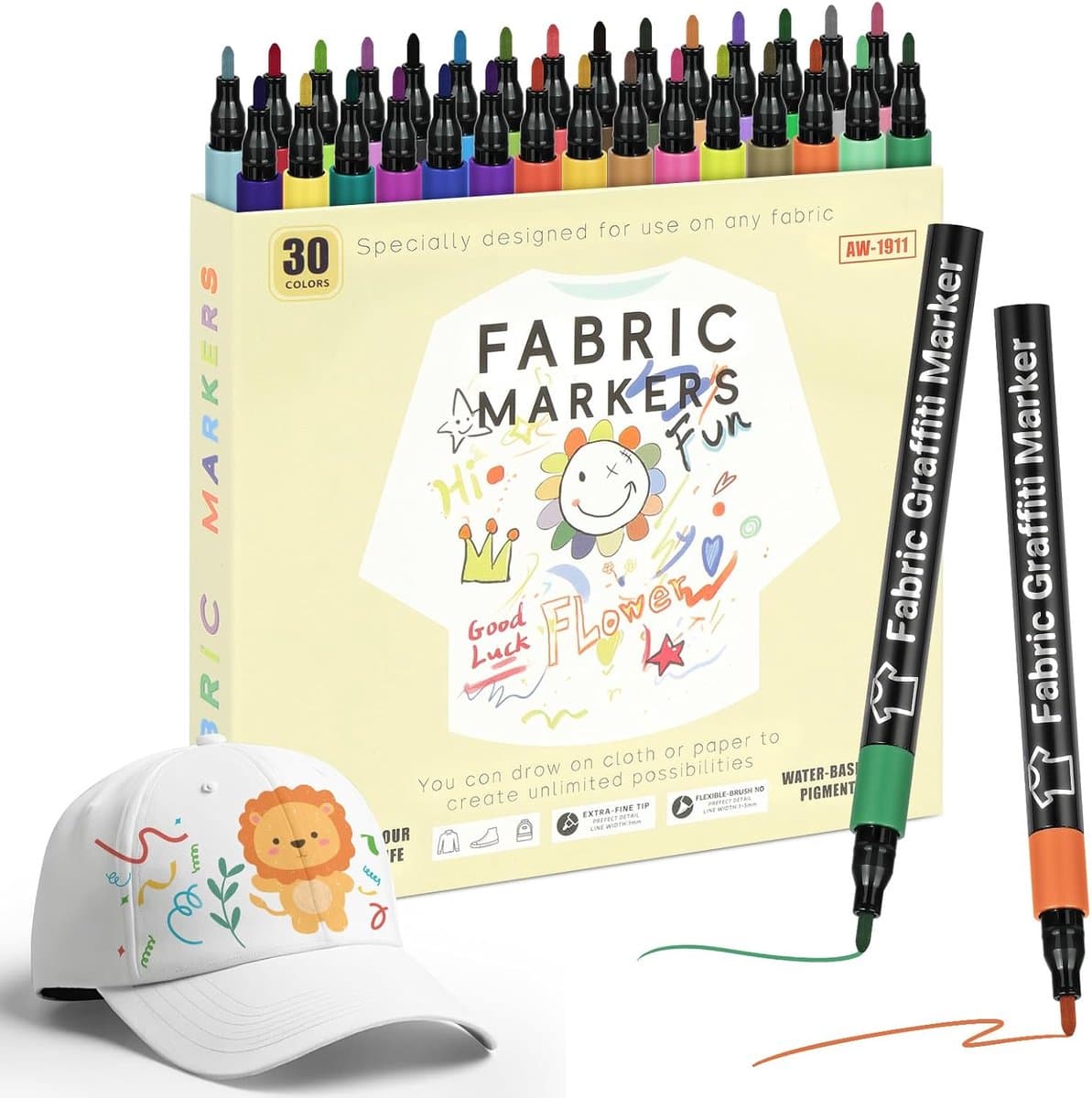 30 Textielstiften, Machinewasbaar, Niet-giftige Textielmarker, Wasbare Set met Fijne Punt, Textielverfstiften, Hobbystiften, Permanente Textielmarker Voor T-shirts, Jeans, Stoffen Tassen — afbeelding 1