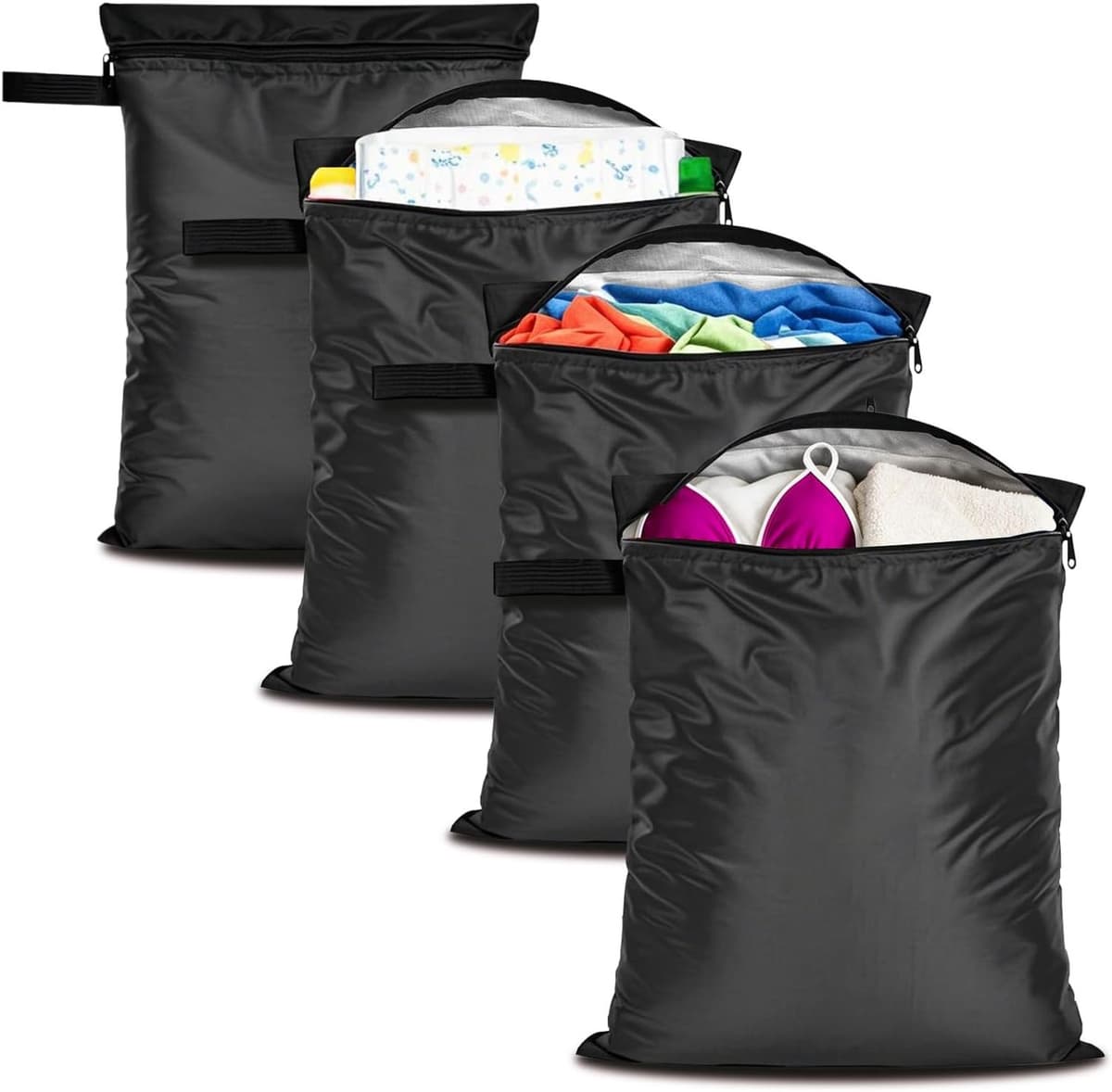Set van 4 - Waszak - Packing Cubes - Waszakjes Met Rits -Natte en droge tassen - Waszakje Lingerie - Waterdicht - Perfect voor het opbergen van zwemkleding, handdoeken en babyspullen - Zwart — afbeelding 1
